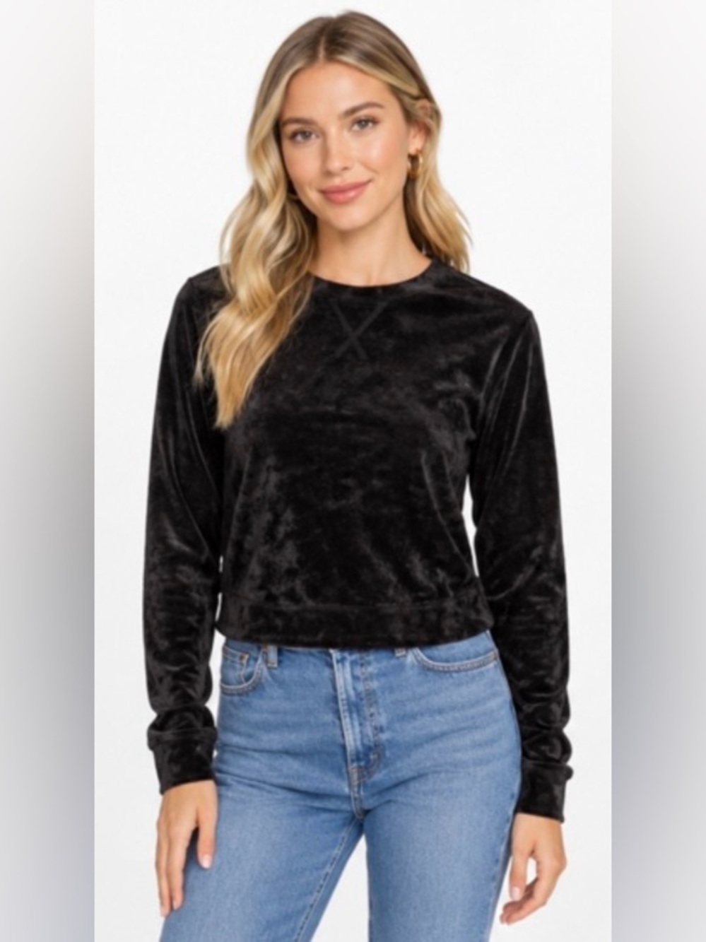 NWT [Something Navy] Velvet Velour Long-Sleeve Cropped Top in Black Women’s XS